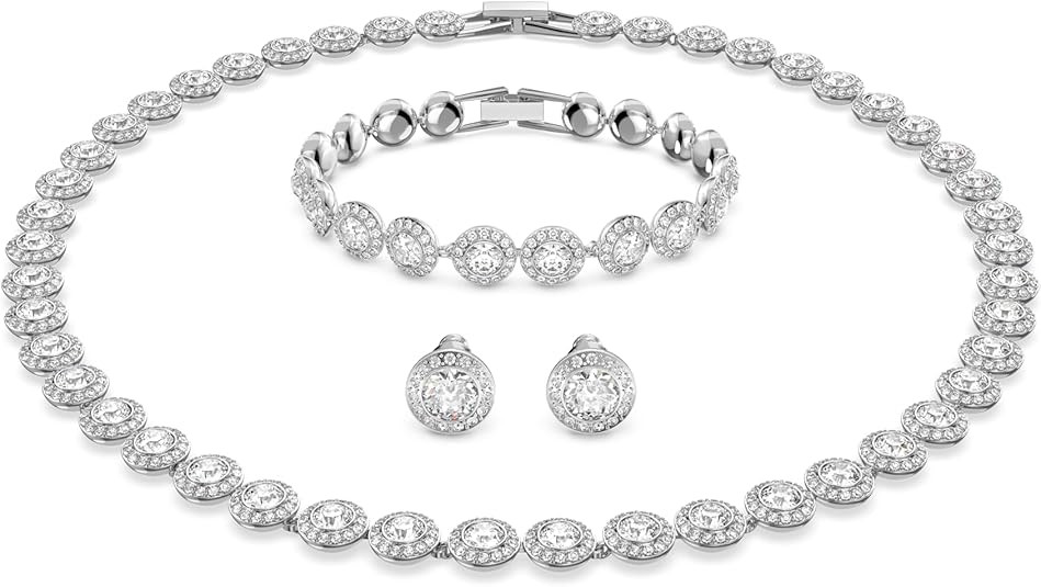Swarovski 施华洛世奇水晶 Authentic Angelic All Around 项链、手链和耳环套装,白色,铑饰面 - 女士低过敏性闪亮珠宝 - 无镍水晶首饰系列, 單一尺寸, 晶体, 水晶